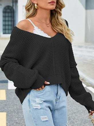 Slouchy Waffle Knit Drop Shoulder V Neck Sweater - Black - 1