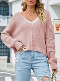 Slouchy Waffle Knit Drop Shoulder V Neck Sweater - Pink