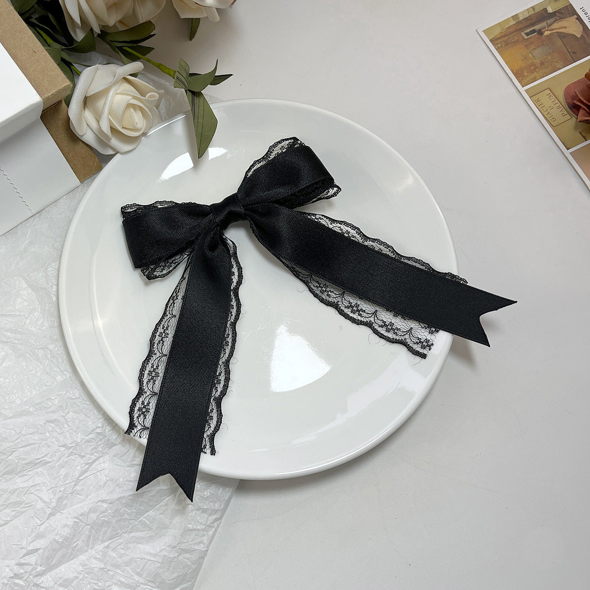 Layered Lace Ribbon Bow Hair Clip - Black