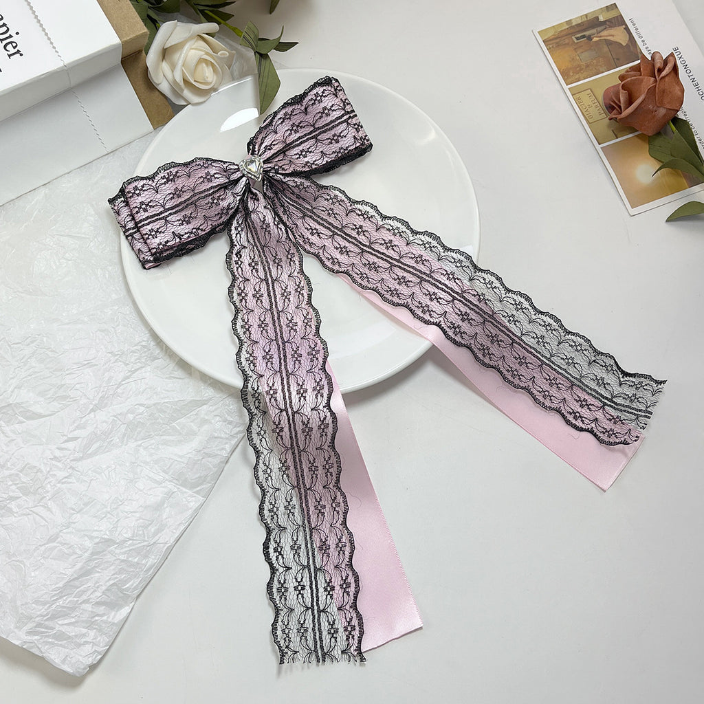 Layered Lace Ribbon Bow Hair Clip - BlackPink