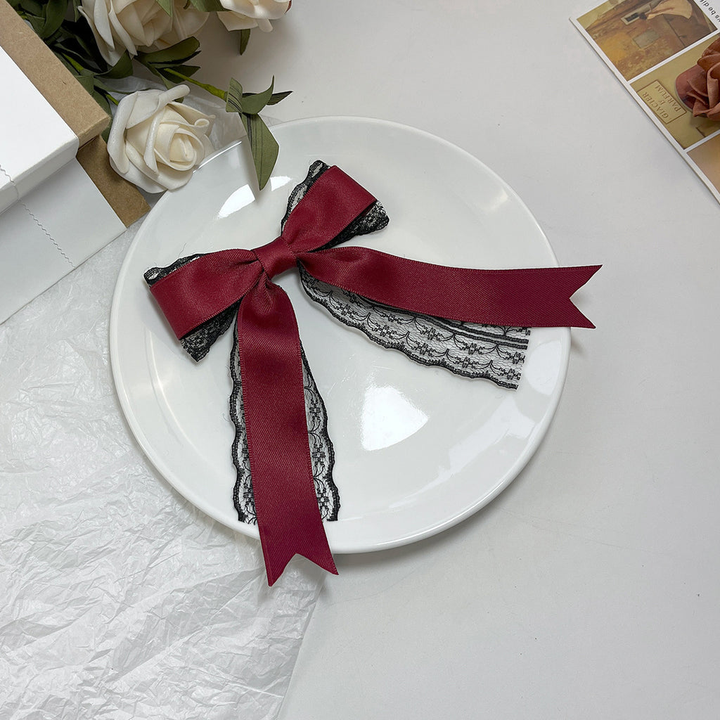 Layered Lace Ribbon Bow Hair Clip - Burgundy