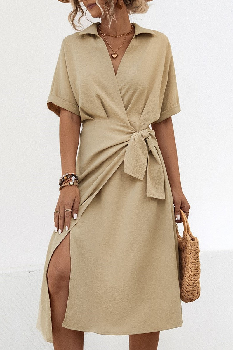 Collared Wrap Midi Dress With Tie Waist - Beige