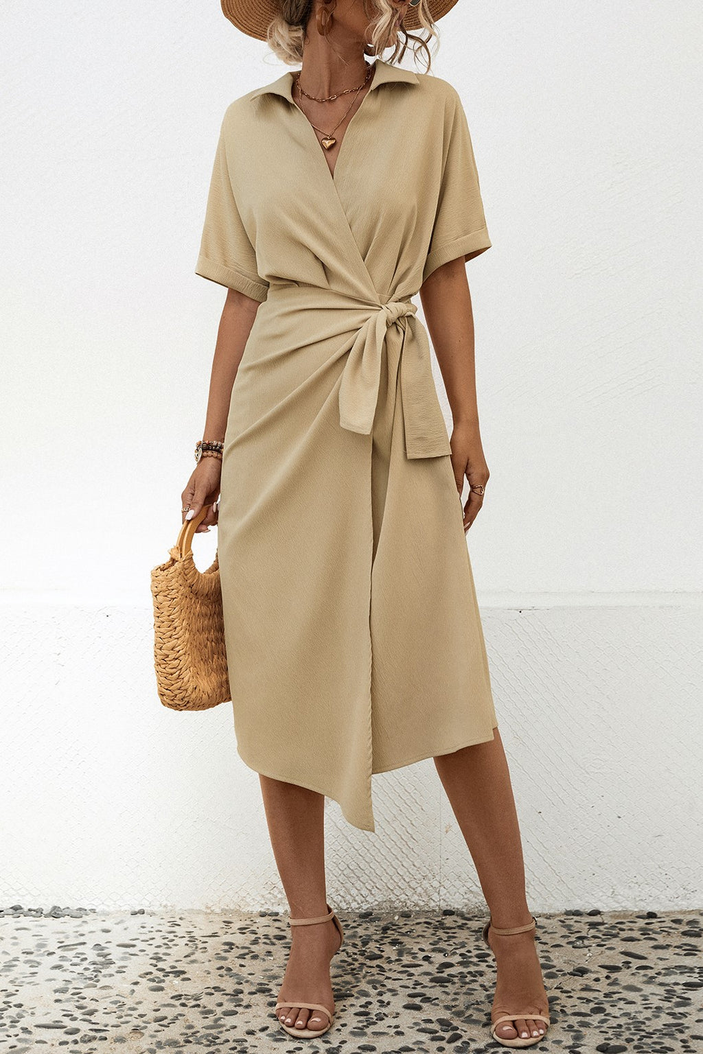 Collared Wrap Midi Dress With Tie Waist - Beige - 2
