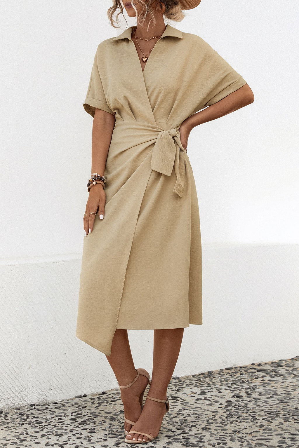 Collared Wrap Midi Dress With Tie Waist - Beige - 3