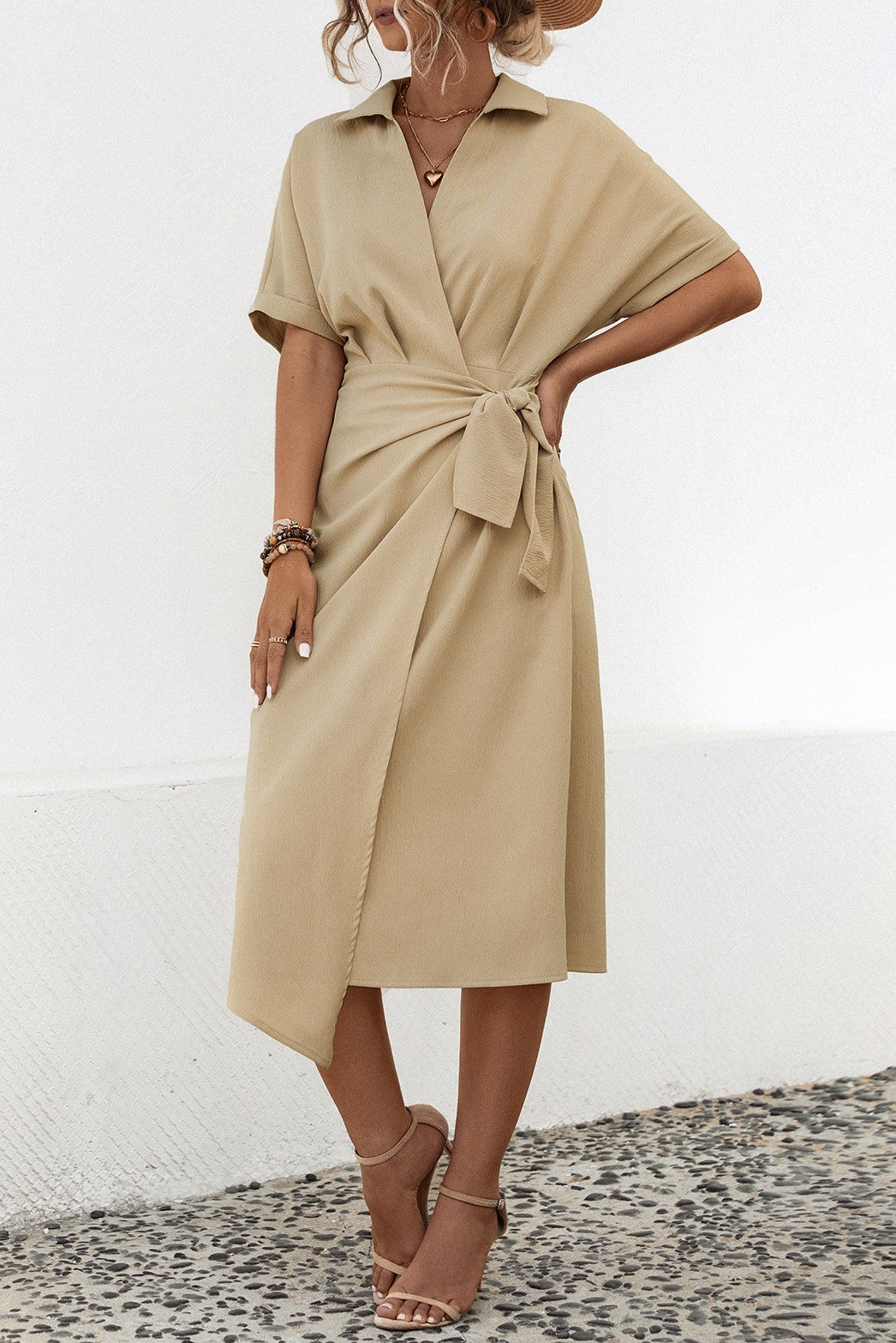 Collared Wrap Midi Dress With Tie Waist - Beige - 3