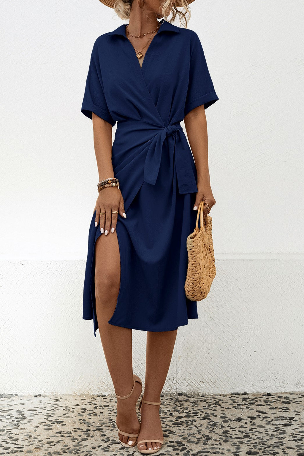 Collared Wrap Midi Dress With Tie Waist - Navy