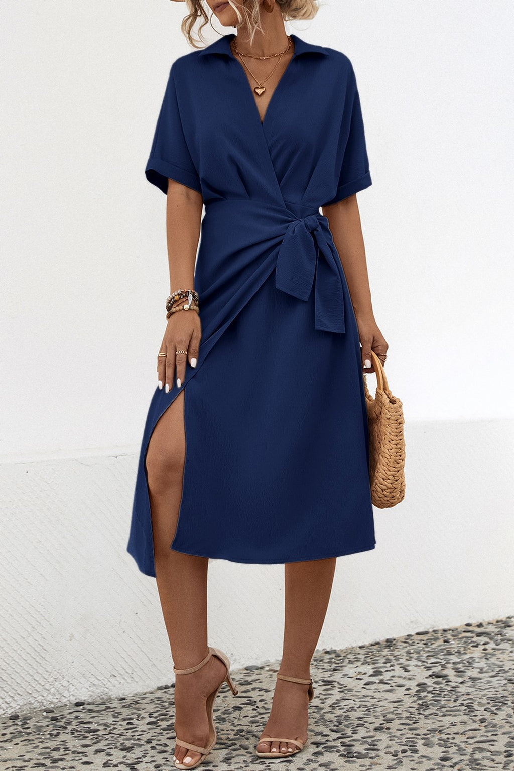 Collared Wrap Midi Dress With Tie Waist - Navy - 1