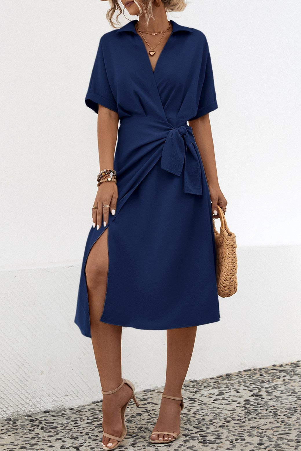 Collared Wrap Midi Dress With Tie Waist - Navy - 1
