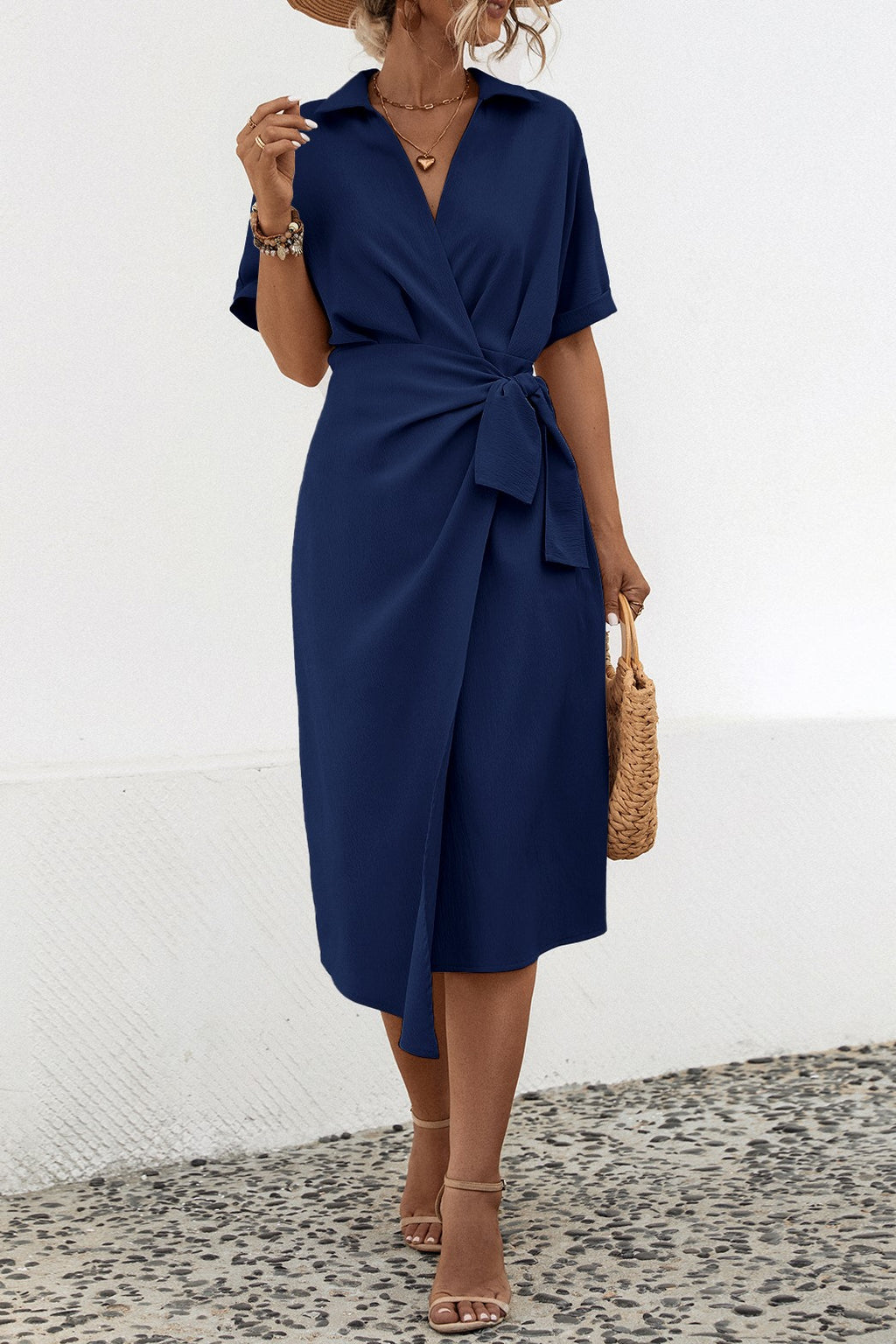 Collared Wrap Midi Dress With Tie Waist - Navy - 2