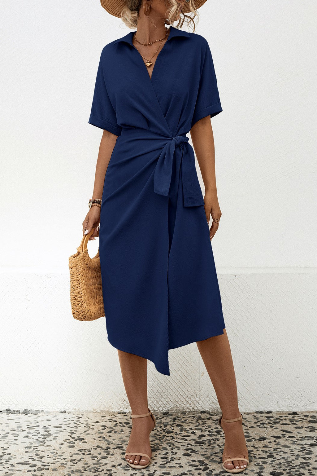 Collared Wrap Midi Dress With Tie Waist - Navy - 3
