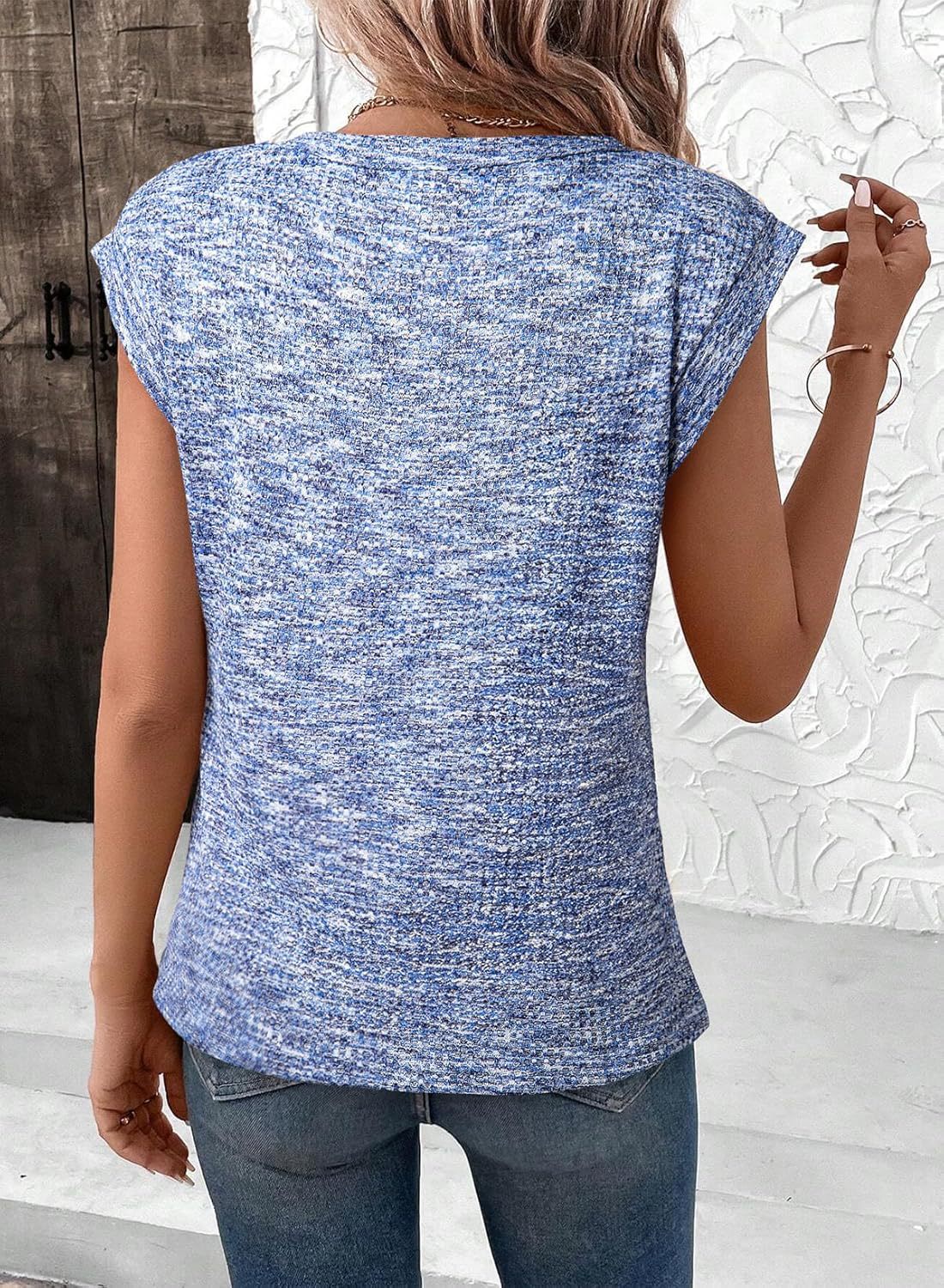 Waffle Knit Cap Sleeve Crewneck Top - Blue - 1