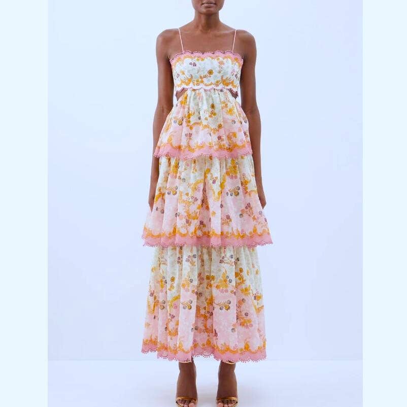 Floral Tiered Maxi Dress With Lace-Up Back