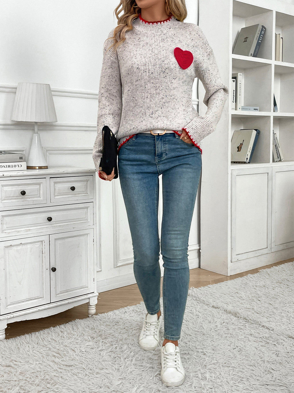 Heart Patch Speckled Knit Jumper - Grey - 2