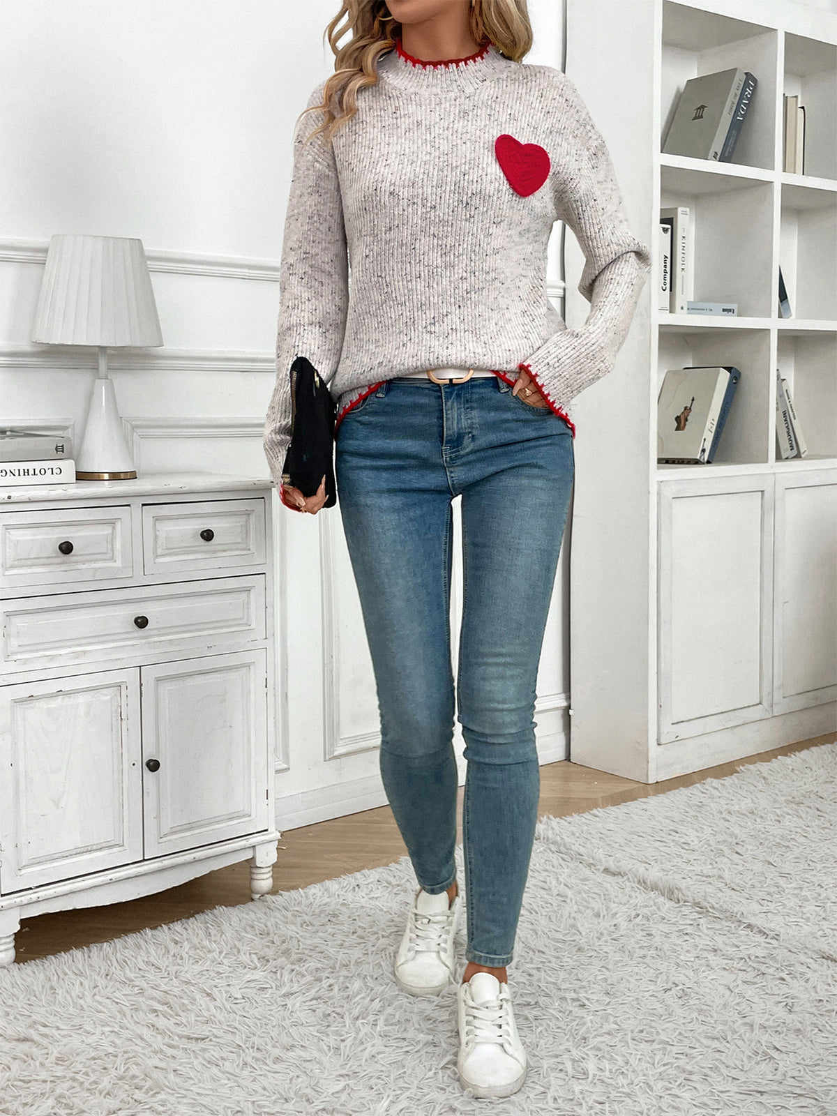 Heart Patch Speckled Knit Jumper - Grey - 2
