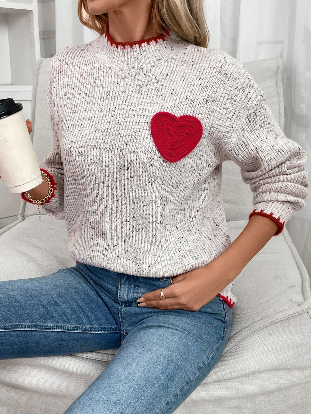 Heart Patch Speckled Knit Jumper - Grey - 3