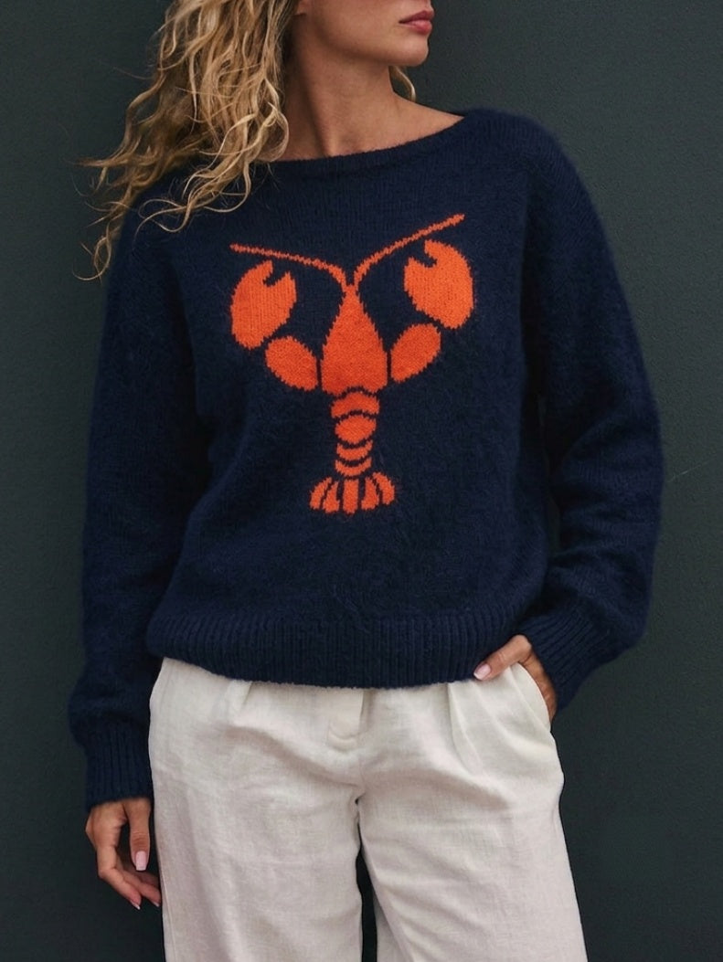 Lobster Intarsia Boat Neck Knit Sweater - Navy