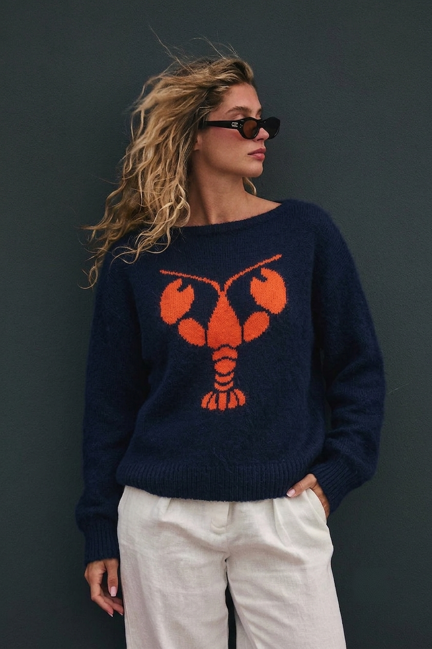 Lobster Intarsia Boat Neck Knit Sweater - Navy - 2