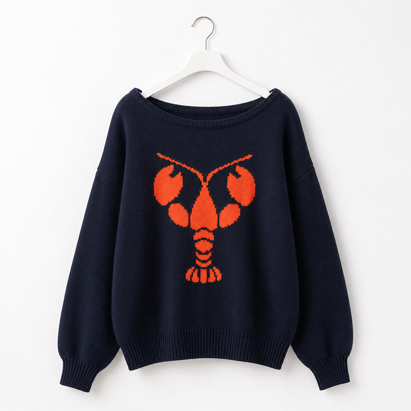 Lobster Intarsia Boat Neck Knit Sweater - Navy - 3