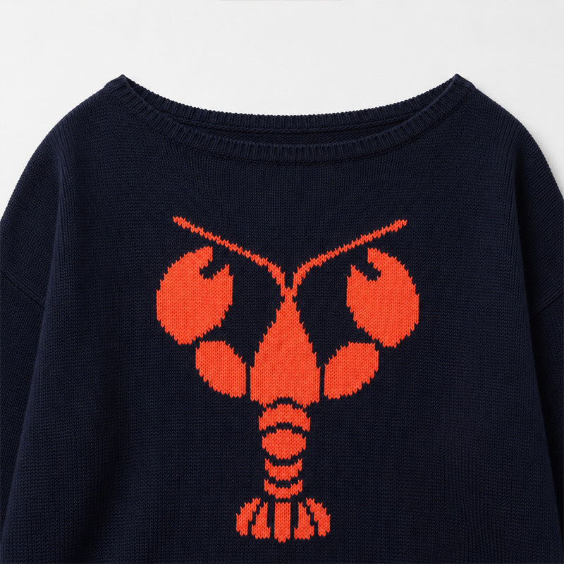 Lobster Intarsia Boat Neck Knit Sweater - Navy - 4