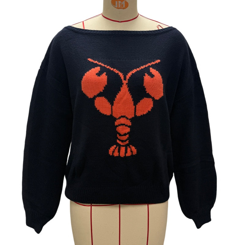 Lobster Intarsia Boat Neck Knit Sweater - Navy - 5