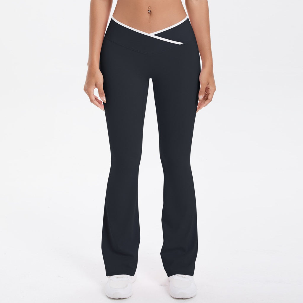 Crossover V Waist Contrast Trim Flare Yoga Leggings - Black