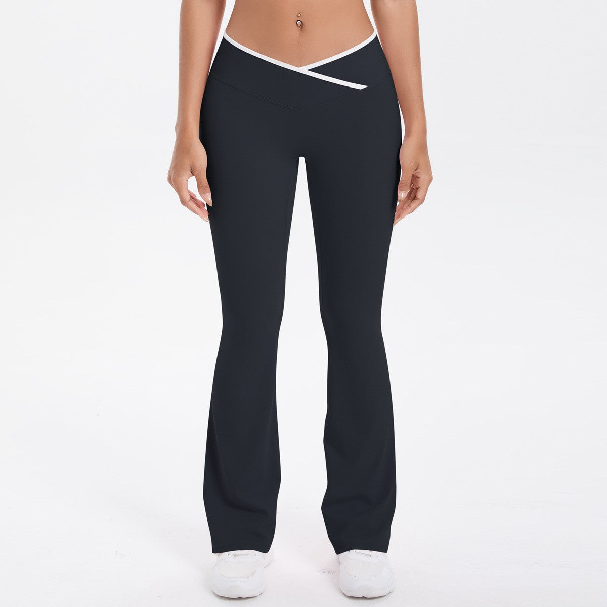 Crossover V Waist Contrast Trim Flare Yoga Leggings - Black