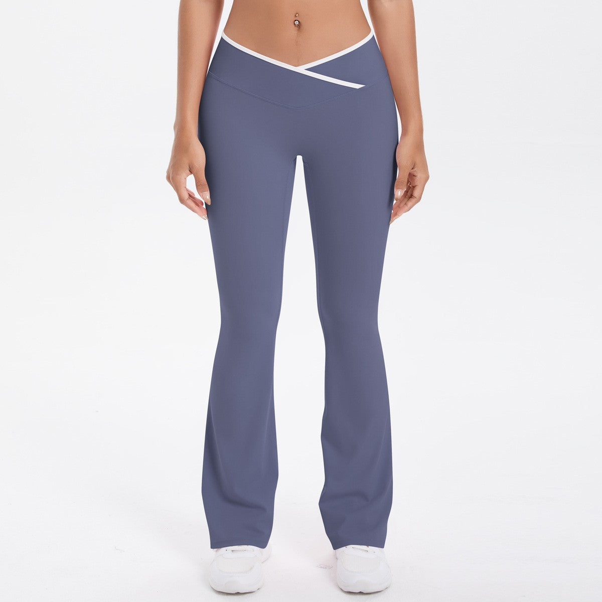 Crossover V Waist Contrast Trim Flare Yoga Leggings - Blue Gray