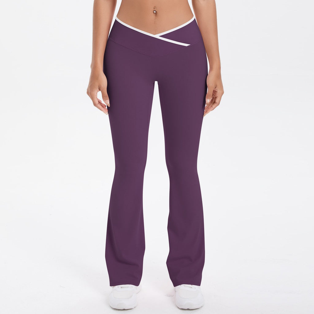 Crossover V Waist Contrast Trim Flare Yoga Leggings - Grape Purple