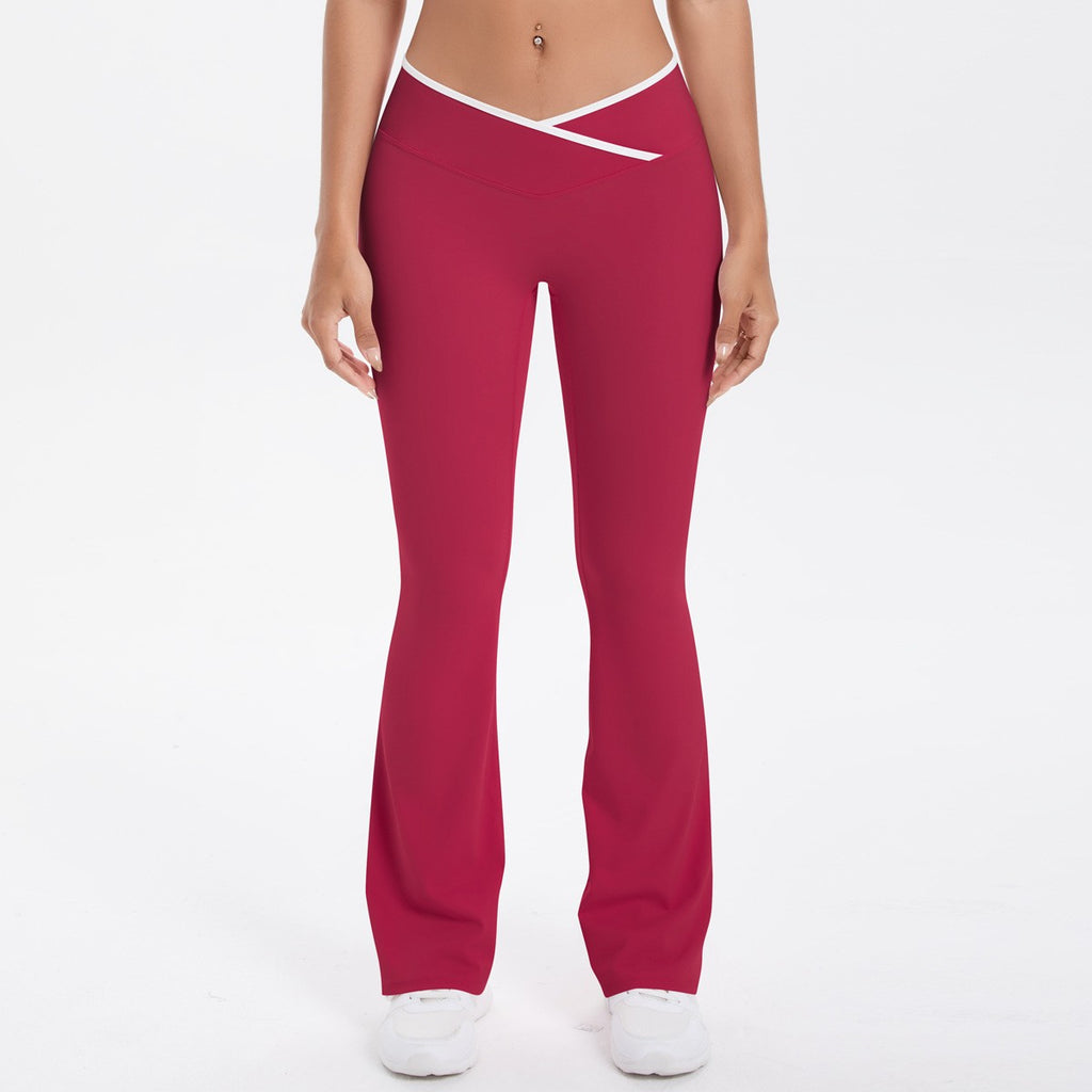 Crossover V Waist Contrast Trim Flare Yoga Leggings - Rouge Red