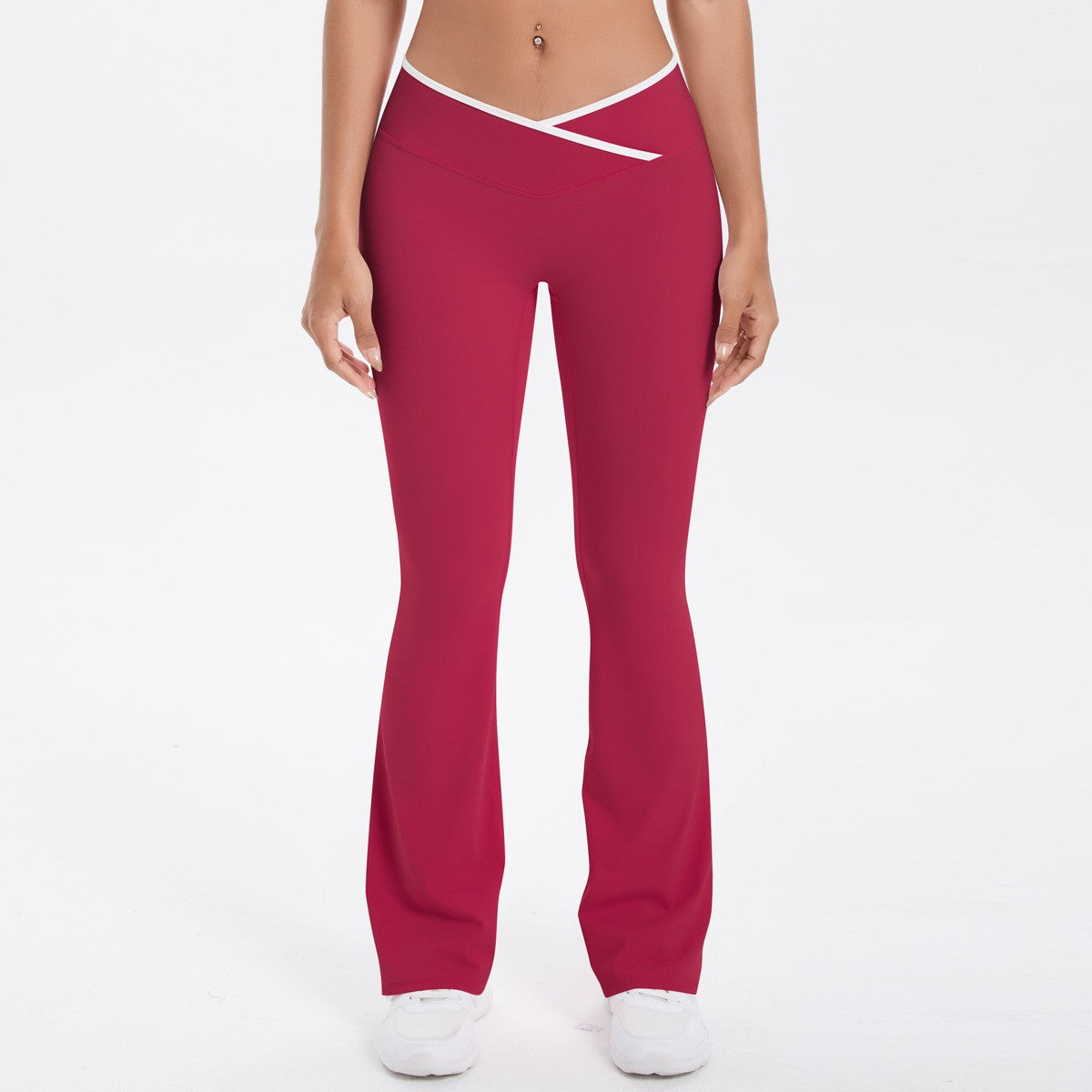 Crossover V Waist Contrast Trim Flare Yoga Leggings - Rouge Red