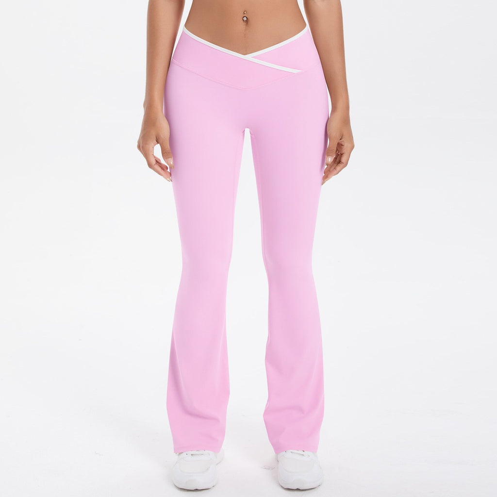 Crossover V Waist Contrast Trim Flare Yoga Leggings - Sakura Pink