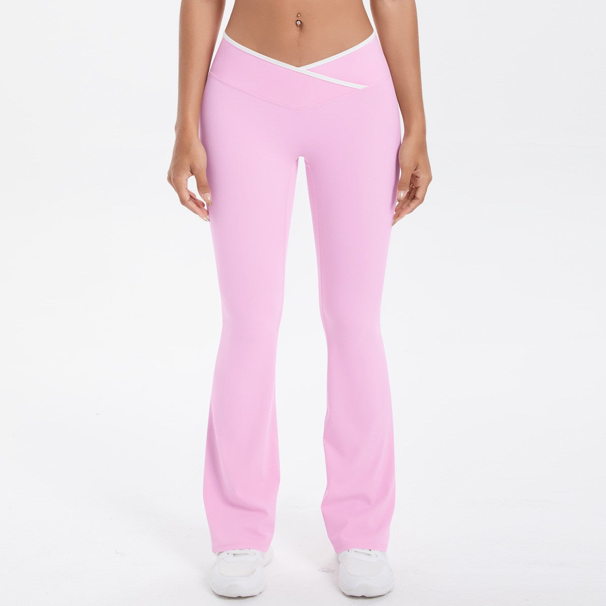 Crossover V Waist Contrast Trim Flare Yoga Leggings - Sakura Pink