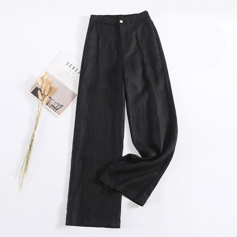 Linen Blend High Waist Wide Leg Trousers - Black