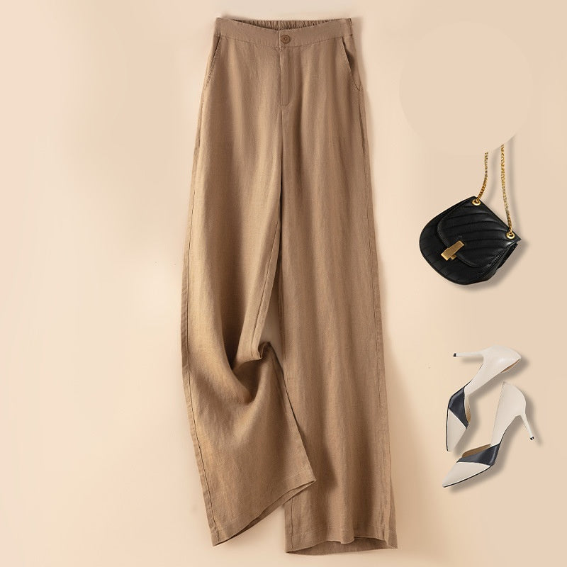 Linen Blend High Waist Wide Leg Trousers - Camel