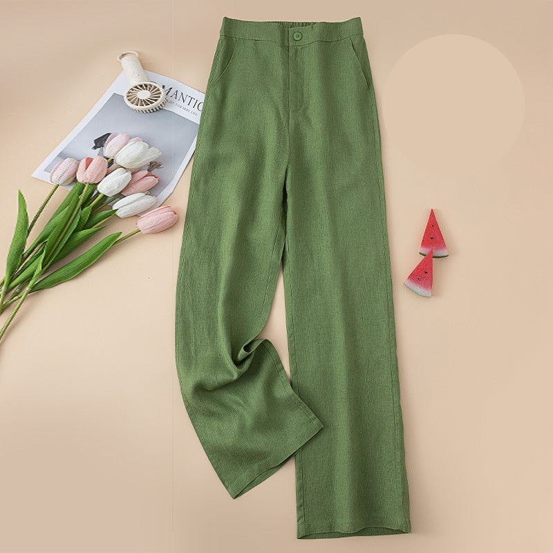 Linen Blend High Waist Wide Leg Trousers - Green