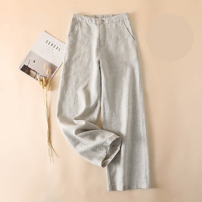 Linen Blend High Waist Wide Leg Trousers - LightGray