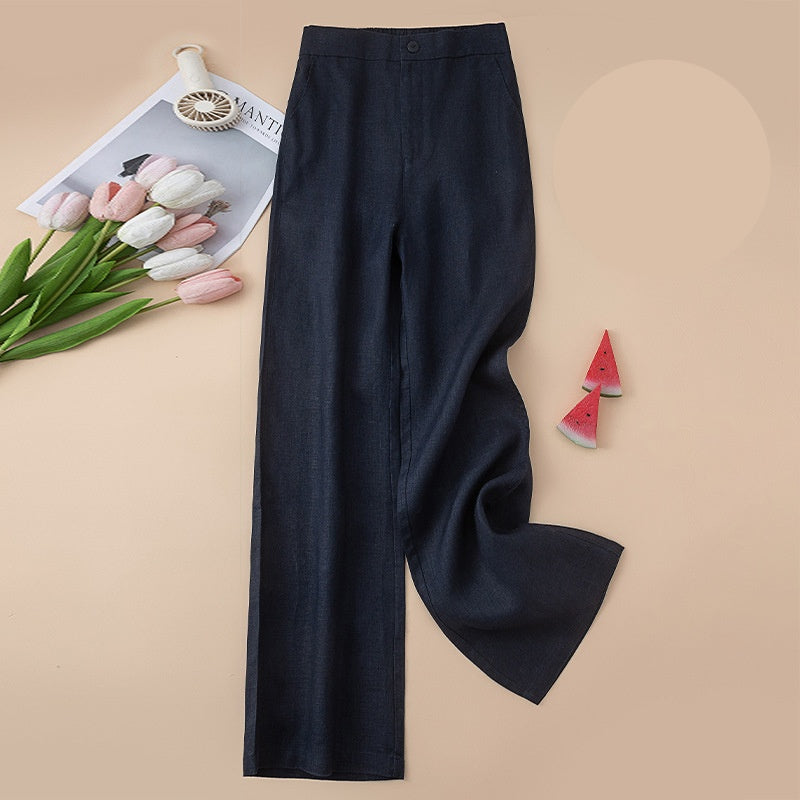 Linen Blend High Waist Wide Leg Trousers - Navy