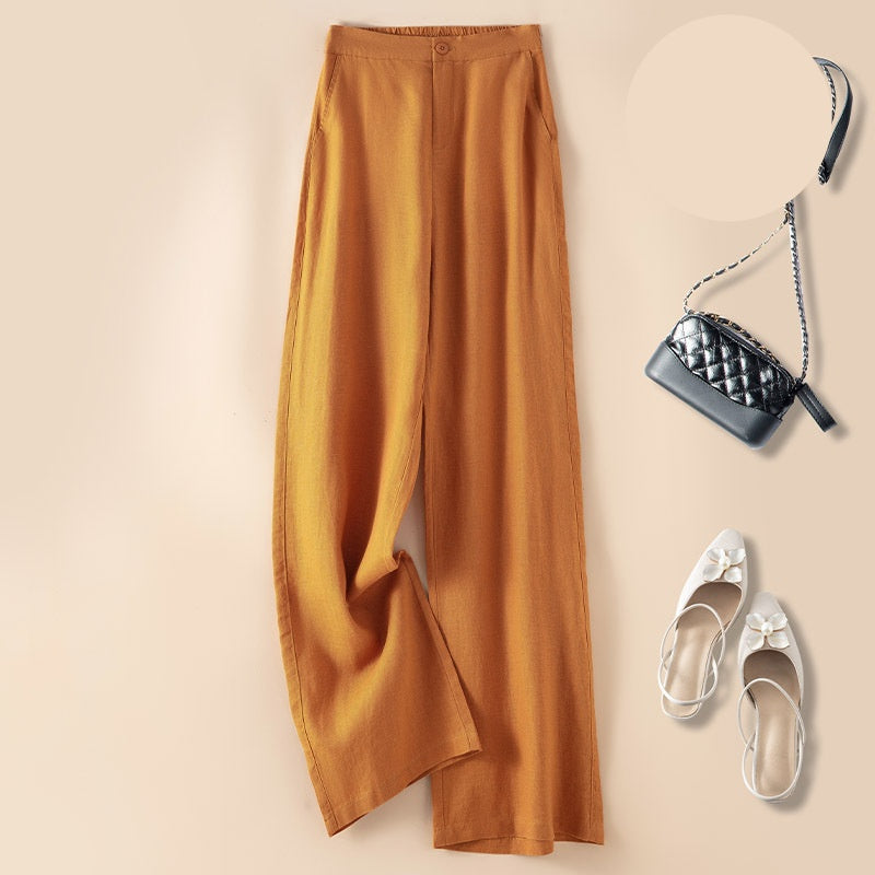 Linen Blend High Waist Wide Leg Trousers - Orange
