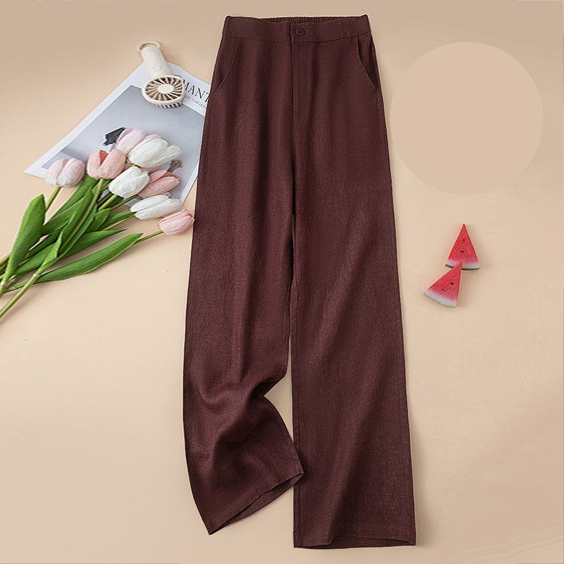 Linen Blend High Waist Wide Leg Trousers - Red
