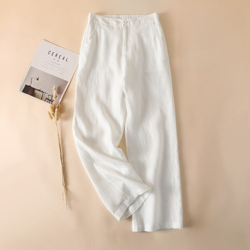 Linen Blend High Waist Wide Leg Trousers - White