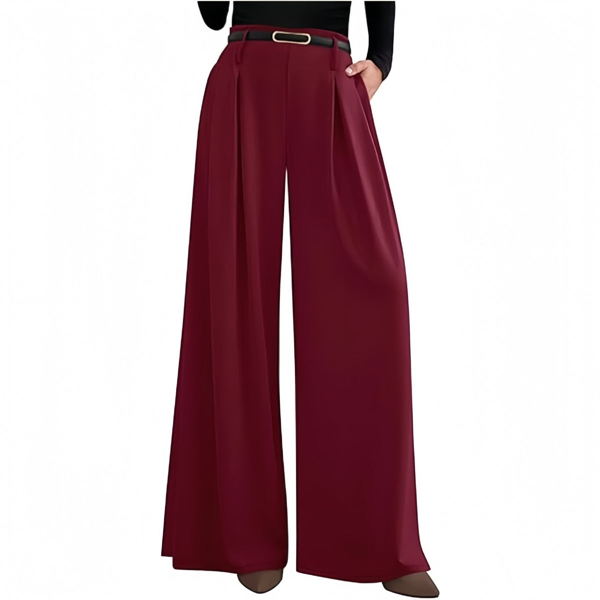 High Waist Pleated Flowy Suiting Palazzo Pants - Burgundy