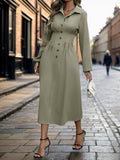 Cinched Waist Button Front Midi Shirt Dress - Green
