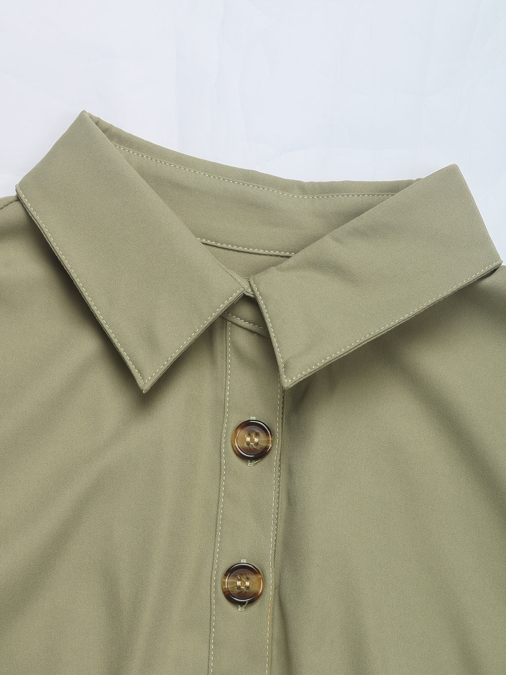 Cinched Waist Button Front Midi Shirt Dress - Green - 3