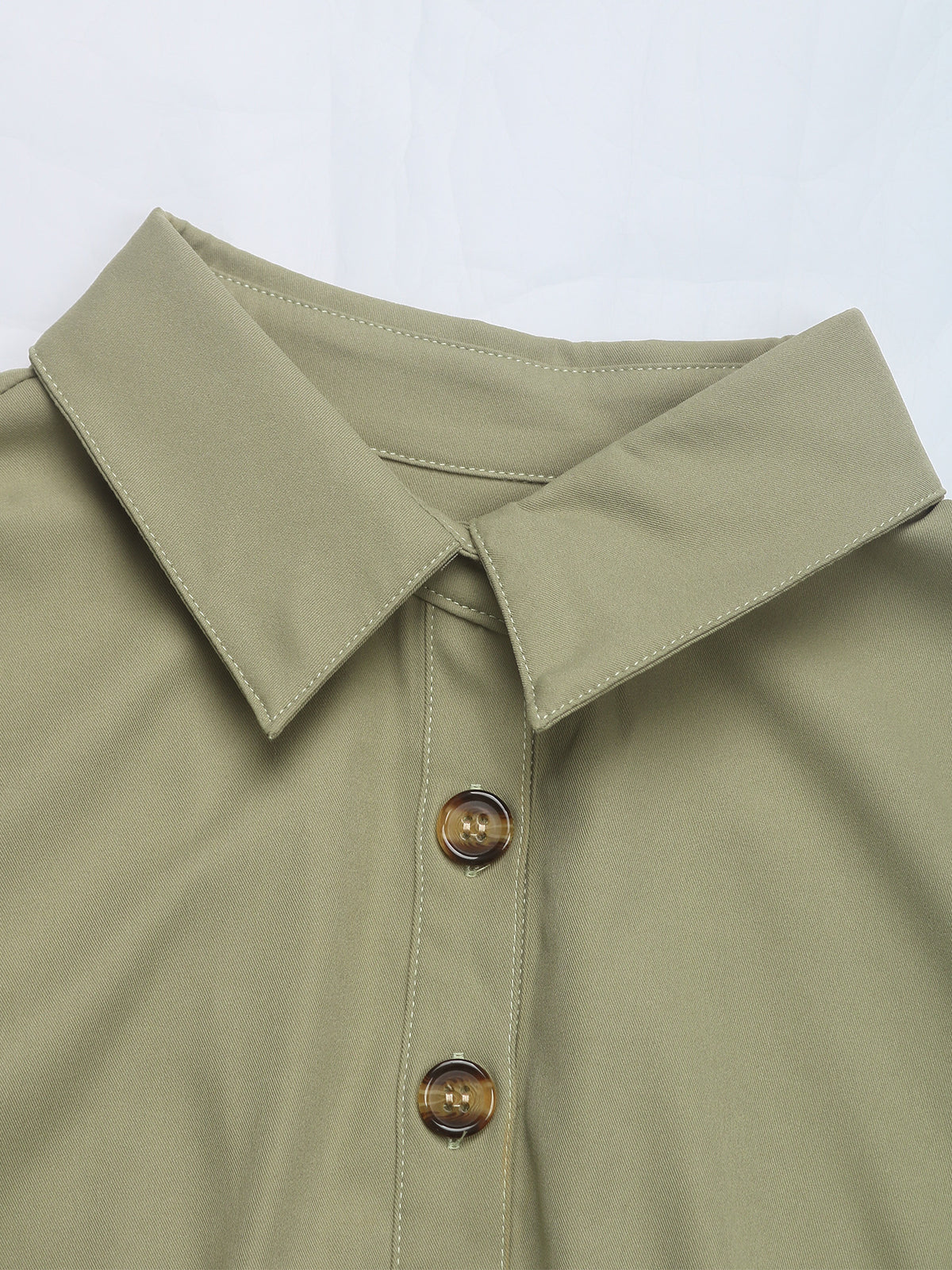 Cinched Waist Button Front Midi Shirt Dress - Green - 3