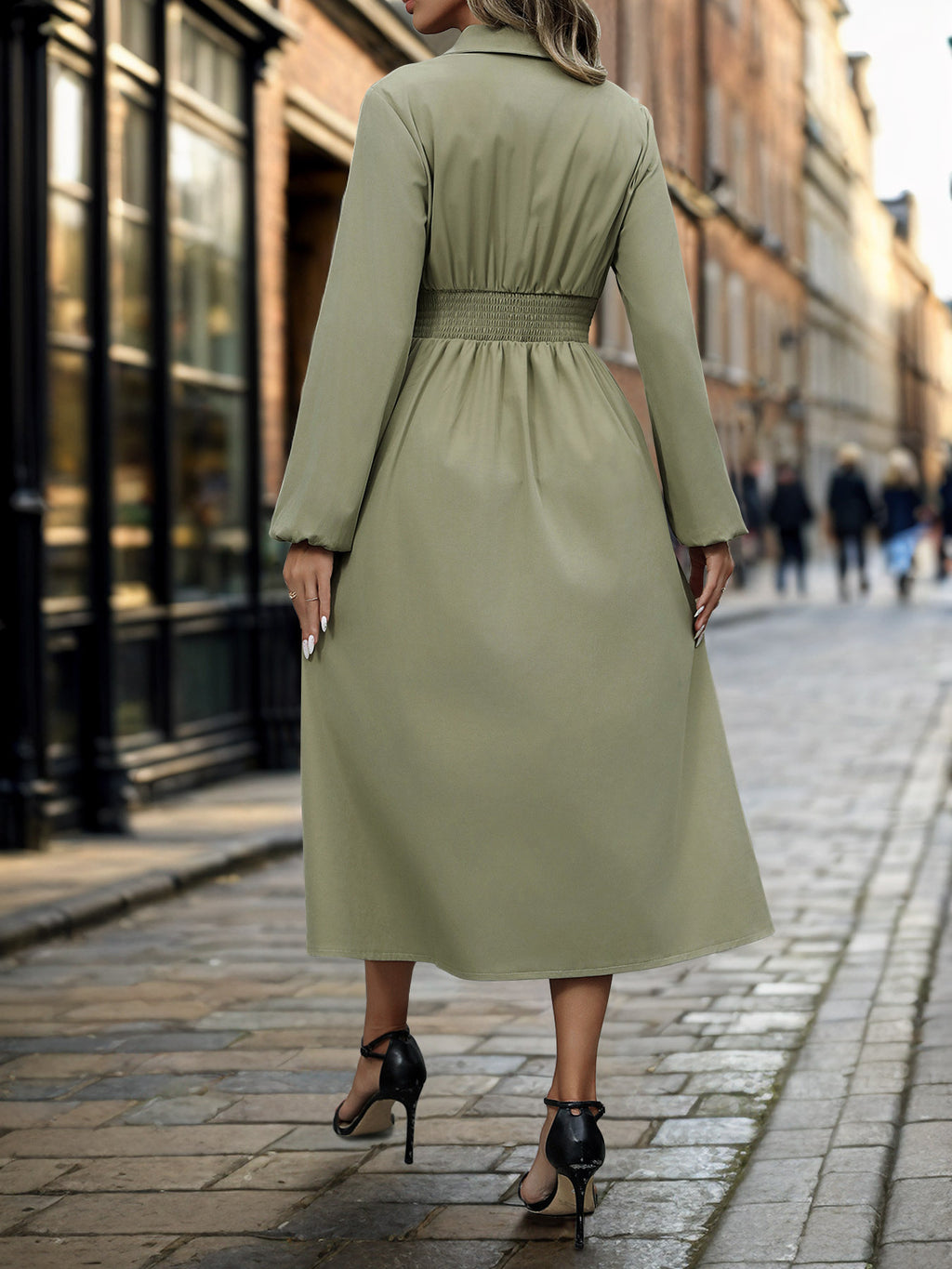 Cinched Waist Button Front Midi Shirt Dress - Green - 4