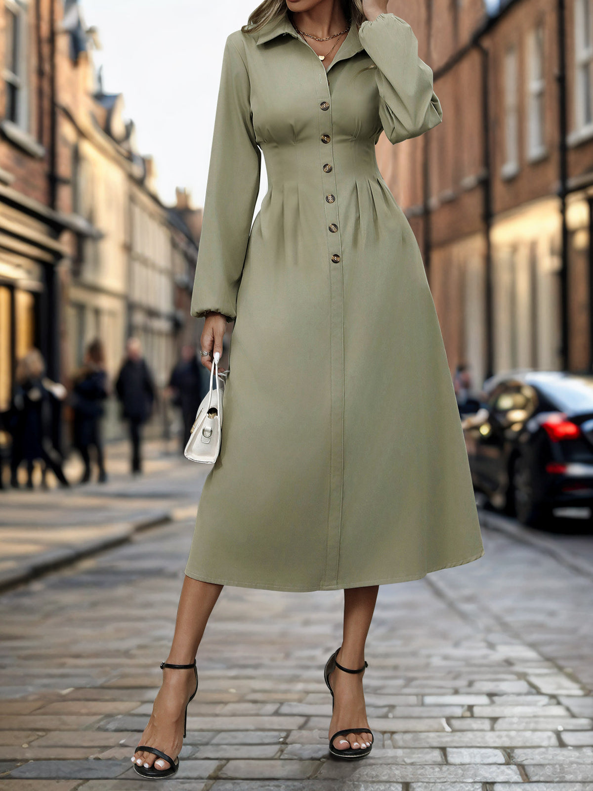 Cinched Waist Button Front Midi Shirt Dress - Green - 6
