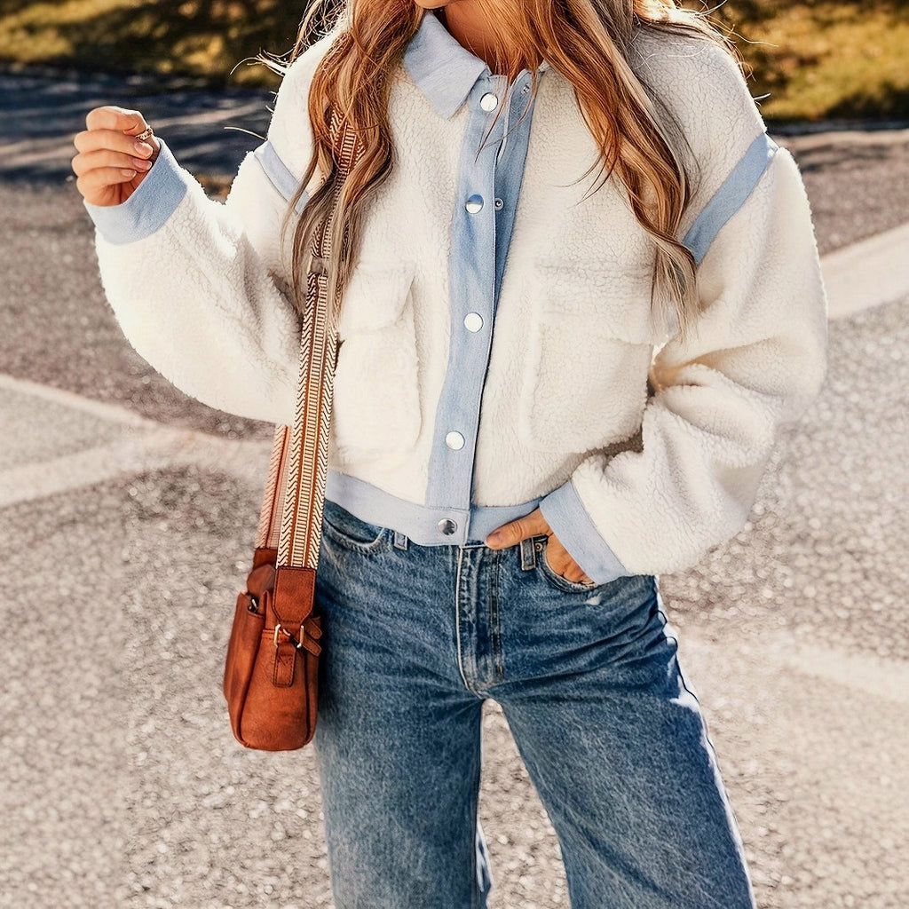 Contrast Trim Cropped Sherpa Snap Jacket - White
