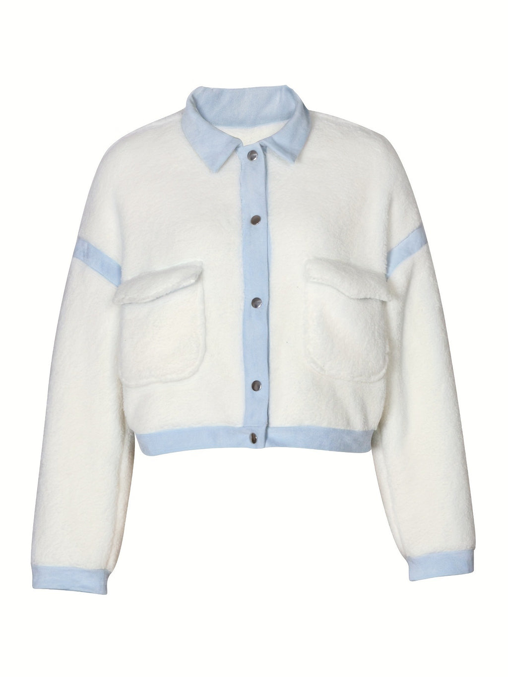 Contrast Trim Cropped Sherpa Snap Jacket - White - 1