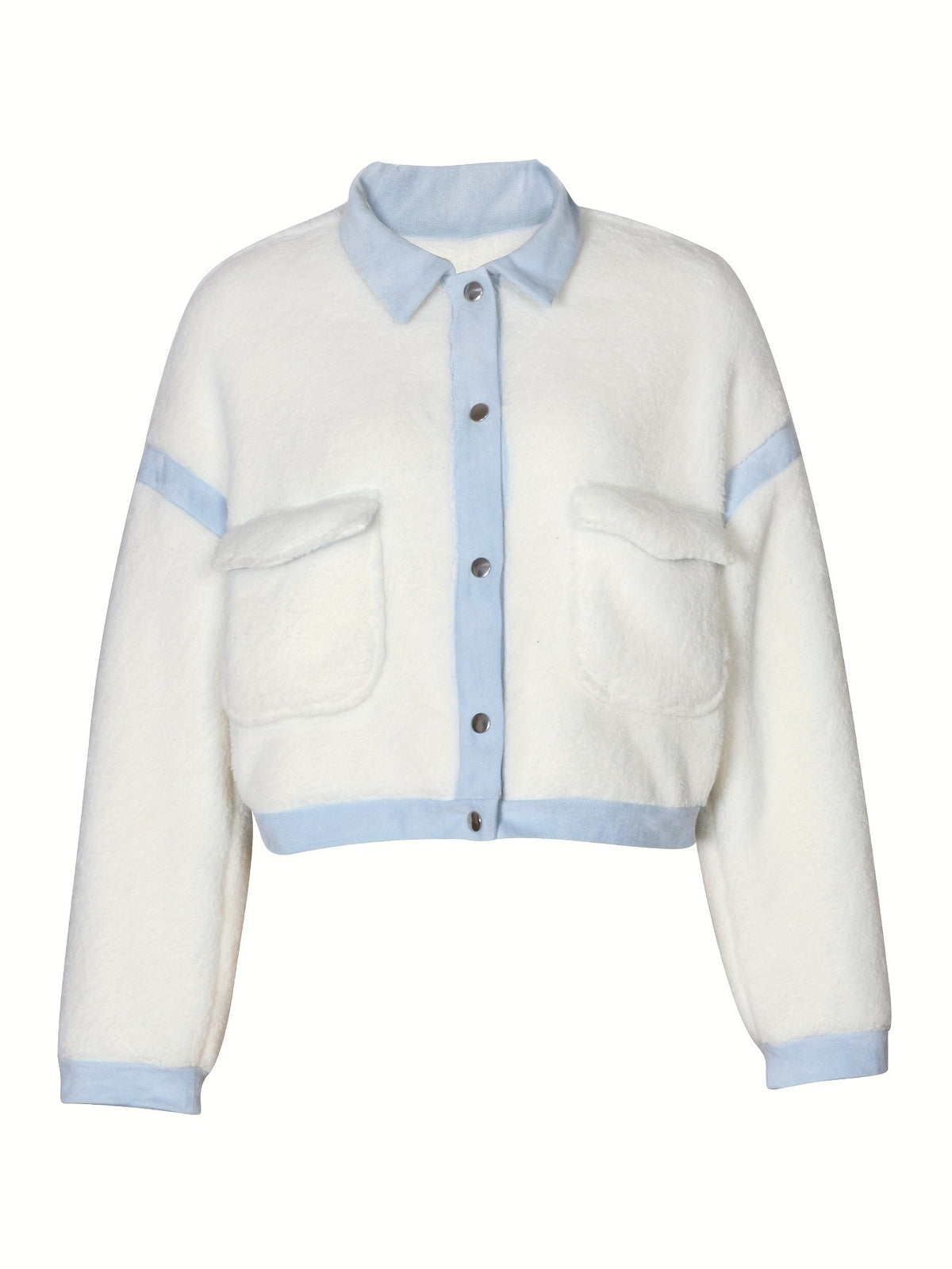 Contrast Trim Cropped Sherpa Snap Jacket - White - 1