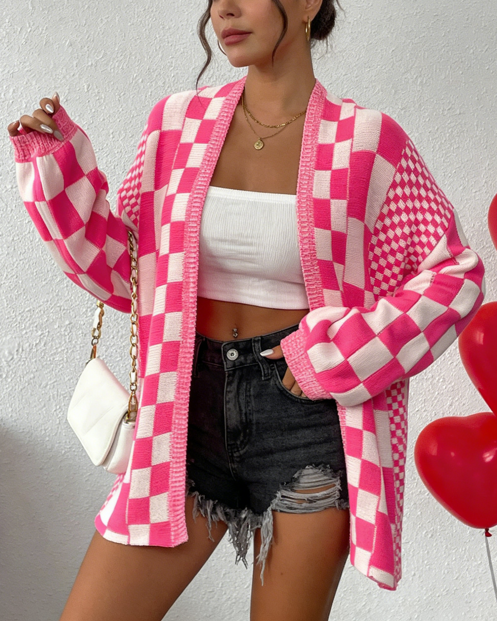 Checkerboard Knit Open Front Slouchy Cardigan - RosePink - 2